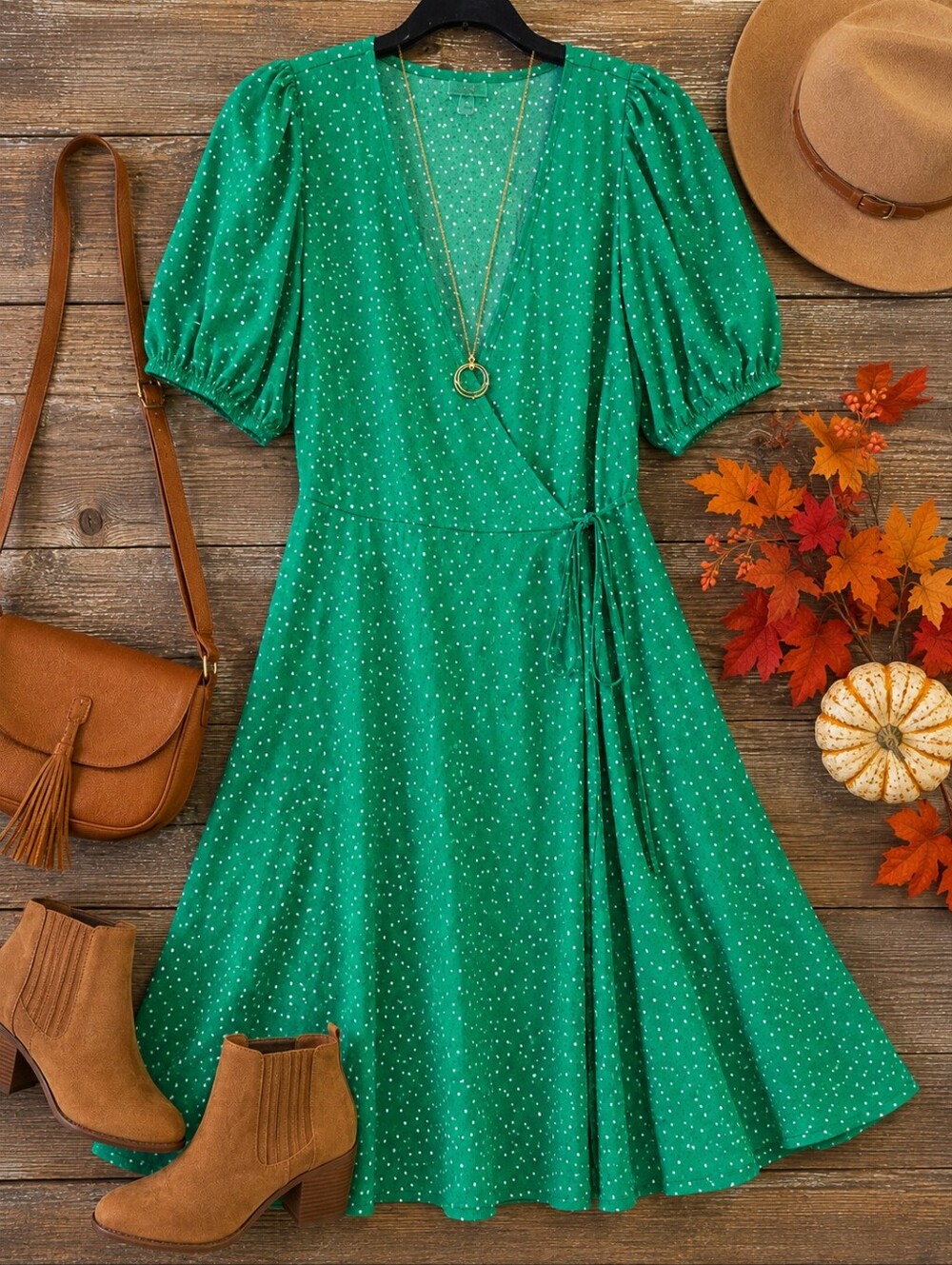 A New Day XXL Green Polka Dot Wrap Midi Dress NWT Puff Sleeve